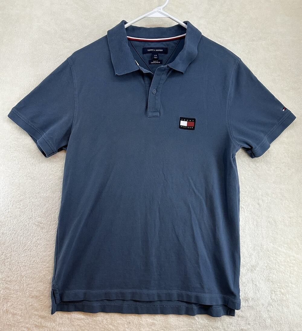 TOMMY HILFIGER Polo Mens Large Navy Blue Embroidered Spellout Preppy Slim Fit